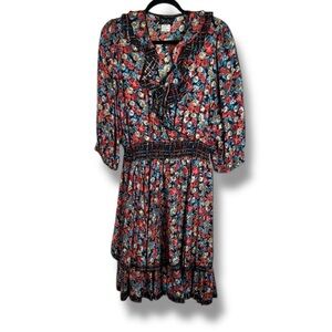 Vintage Diane Freś 80s Silk Floral Midi Dress Size Large Red and Blue